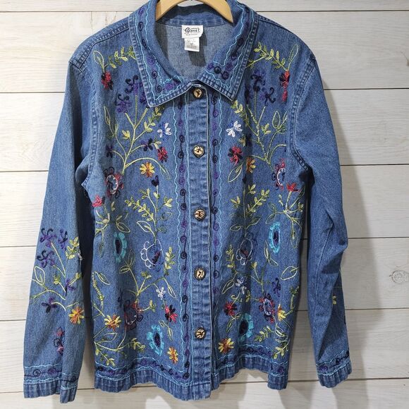 G-Unit Vintage Women's Blue Denim Jean Jacket XL Floral Embroidery Boho Hippie - Picture 1 of 6